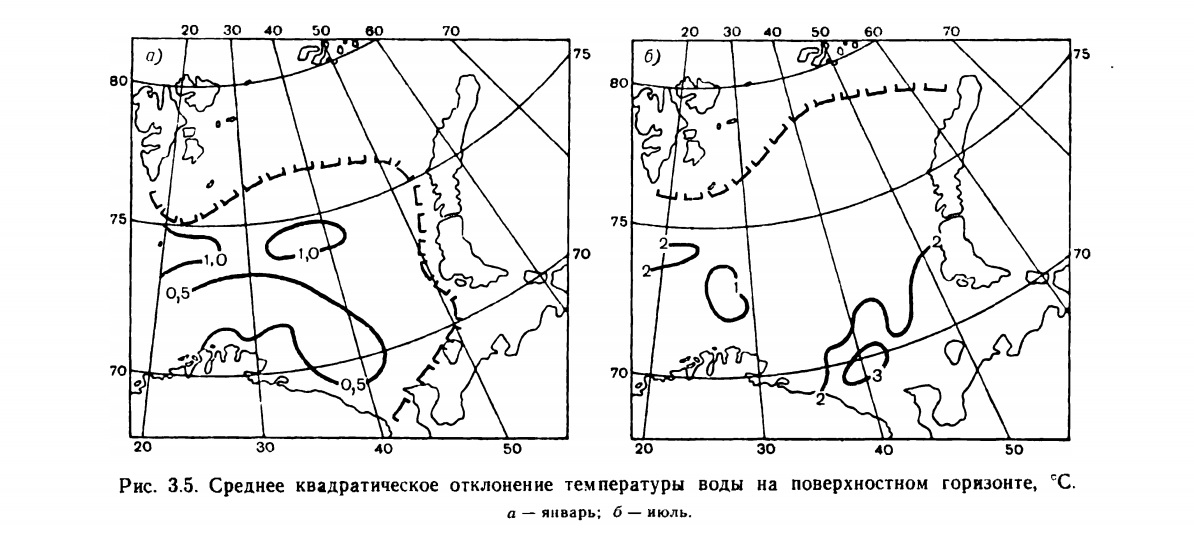 Рис. 3.5. Среднее квадратическое отклонение температуры воды на поверхностном горизонте. Рис. 3.5. Среднее квадратическое отклонение температуры воды на поверхностном горизонте.