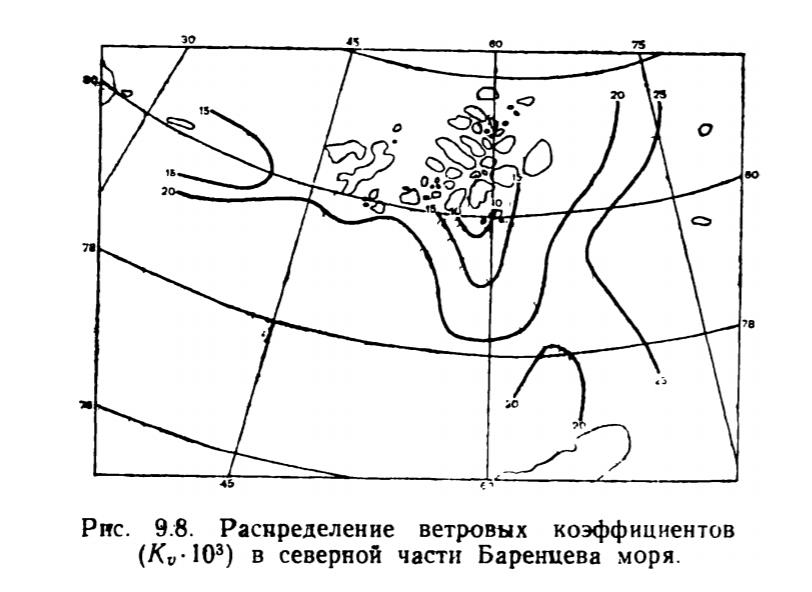Рис. 9.8. Распределение ветровых коэффициентов в северной части Баренцева моря. Рис. 9.8. Распределение ветровых коэффициентов в северной части Баренцева моря.