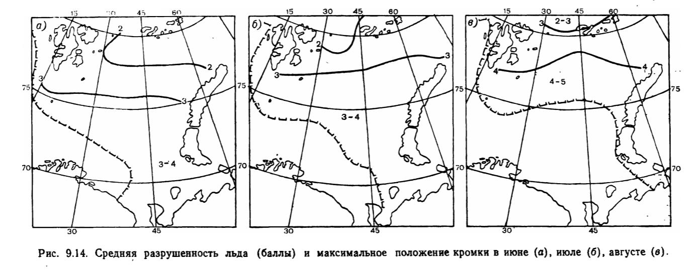 Рис. 9.14. Средняя разрушенность льда (баллы) и максимальное положение кромки в июне (о), июле (б), августе (в). Рис. 9.14. Средняя разрушенность льда (баллы) и максимальное положение кромки в июне (о), июле (б), августе (в).