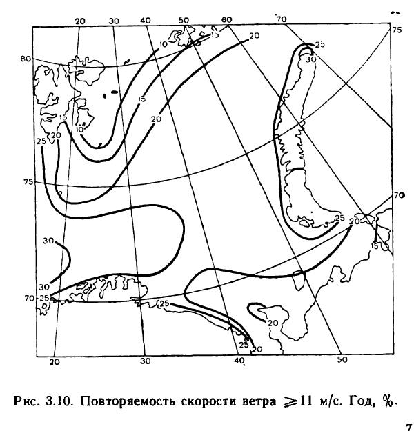 Рис. 3.10. Повторяемость скорости ветра ^11 м/с. Год, %. Рис. 3.10. Повторяемость скорости ветра ^11 м/с. Год, %.